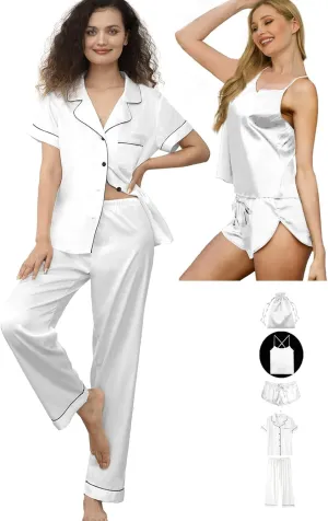 5Pcs Silk Satin Pajamas Set for Women Silky Cami Pjs Sets Sexy Lingerie Womens Pajama Sets Loungewear Sleepwear