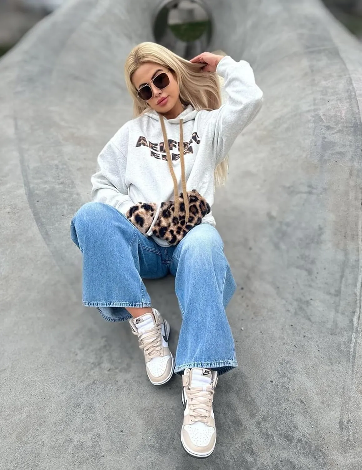 Aelfric Eden Oversized Hoodies Womens Leopard Letter Print Hoodie Fall Y2k Hooded Sweatshirts with Pocket