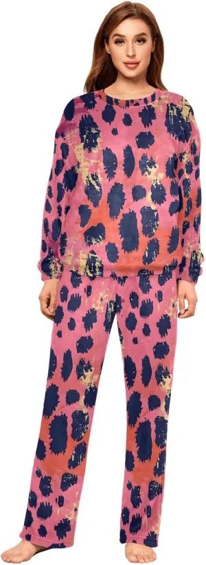 ALAZA Pink and Black Leopard Print Women's Pajama Set Long Sleeve Top Drawstring Pockets Pants Warm Cozy Loungewear,S