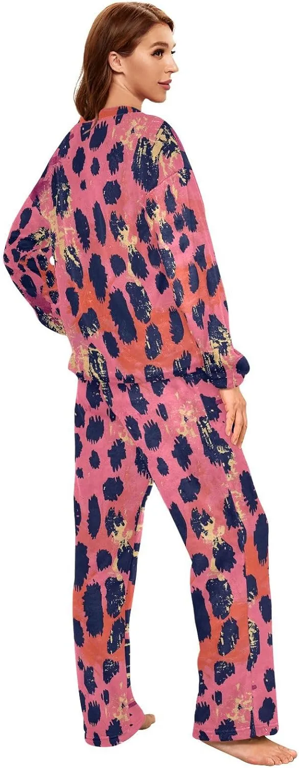 ALAZA Pink and Black Leopard Print Women's Pajama Set Long Sleeve Top Drawstring Pockets Pants Warm Cozy Loungewear,S