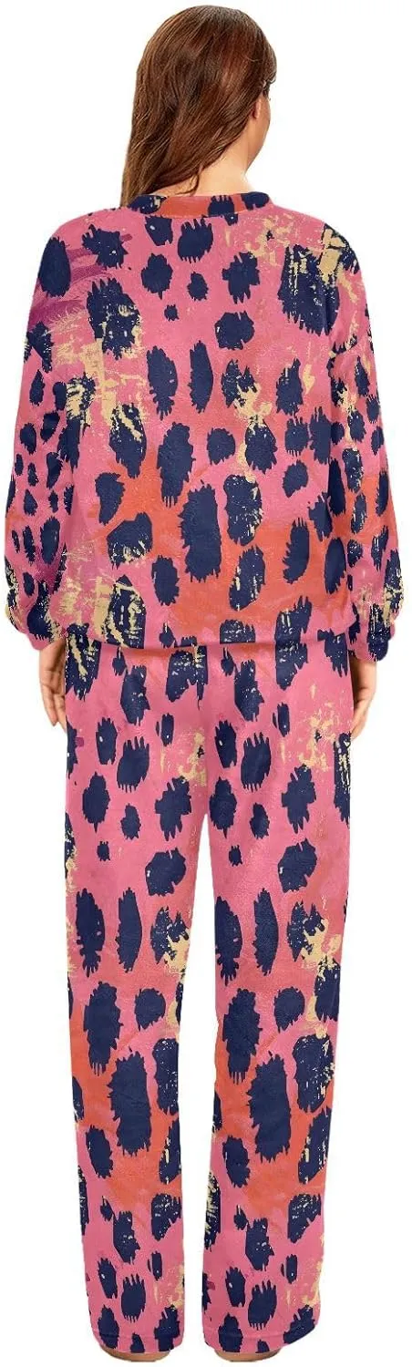 ALAZA Pink and Black Leopard Print Women's Pajama Set Long Sleeve Top Drawstring Pockets Pants Warm Cozy Loungewear,S