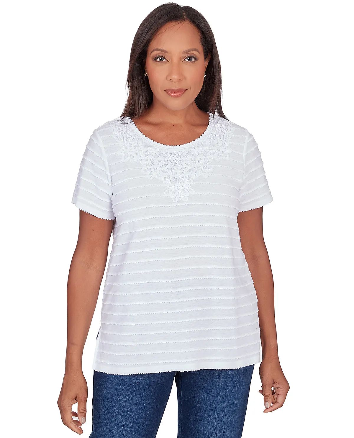 Alfred Dunner Stripe Lace Yoke Top