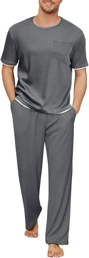 Andeip Mens Pajamas Set Waffle Crew Neck Loungewear Cozy Sleepwear Short Sleeve Top and Long Pants Pj Set with Pockets