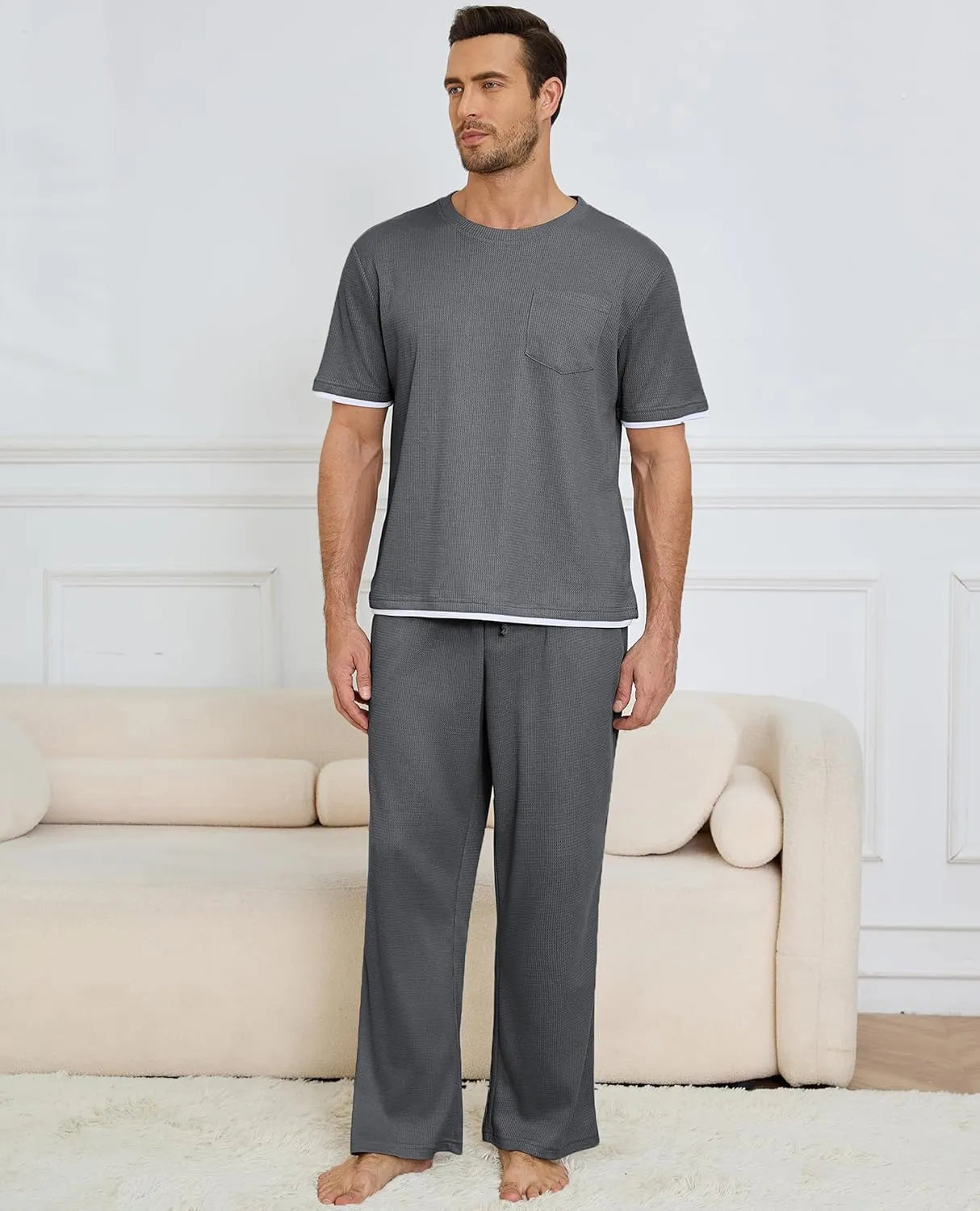 Andeip Mens Pajamas Set Waffle Crew Neck Loungewear Cozy Sleepwear Short Sleeve Top and Long Pants Pj Set with Pockets