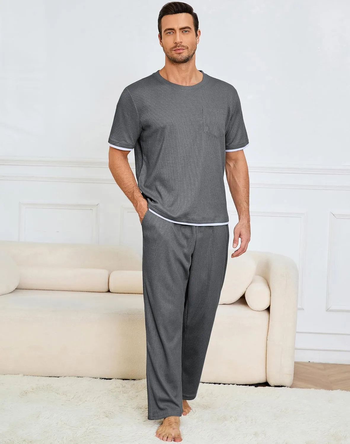 Andeip Mens Pajamas Set Waffle Crew Neck Loungewear Cozy Sleepwear Short Sleeve Top and Long Pants Pj Set with Pockets