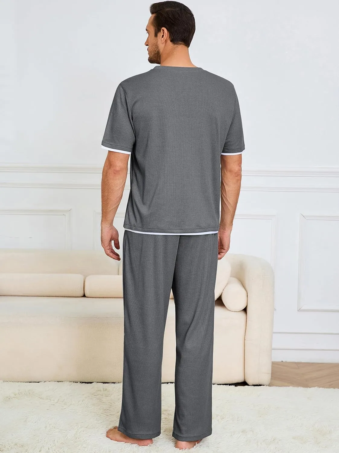 Andeip Mens Pajamas Set Waffle Crew Neck Loungewear Cozy Sleepwear Short Sleeve Top and Long Pants Pj Set with Pockets
