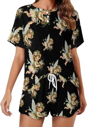 Angelic Cherub Charming Angels Women's Pajama Sets Short Sleeve Shirt And Shorts Cozy Sleepwear Loungewear Pjs