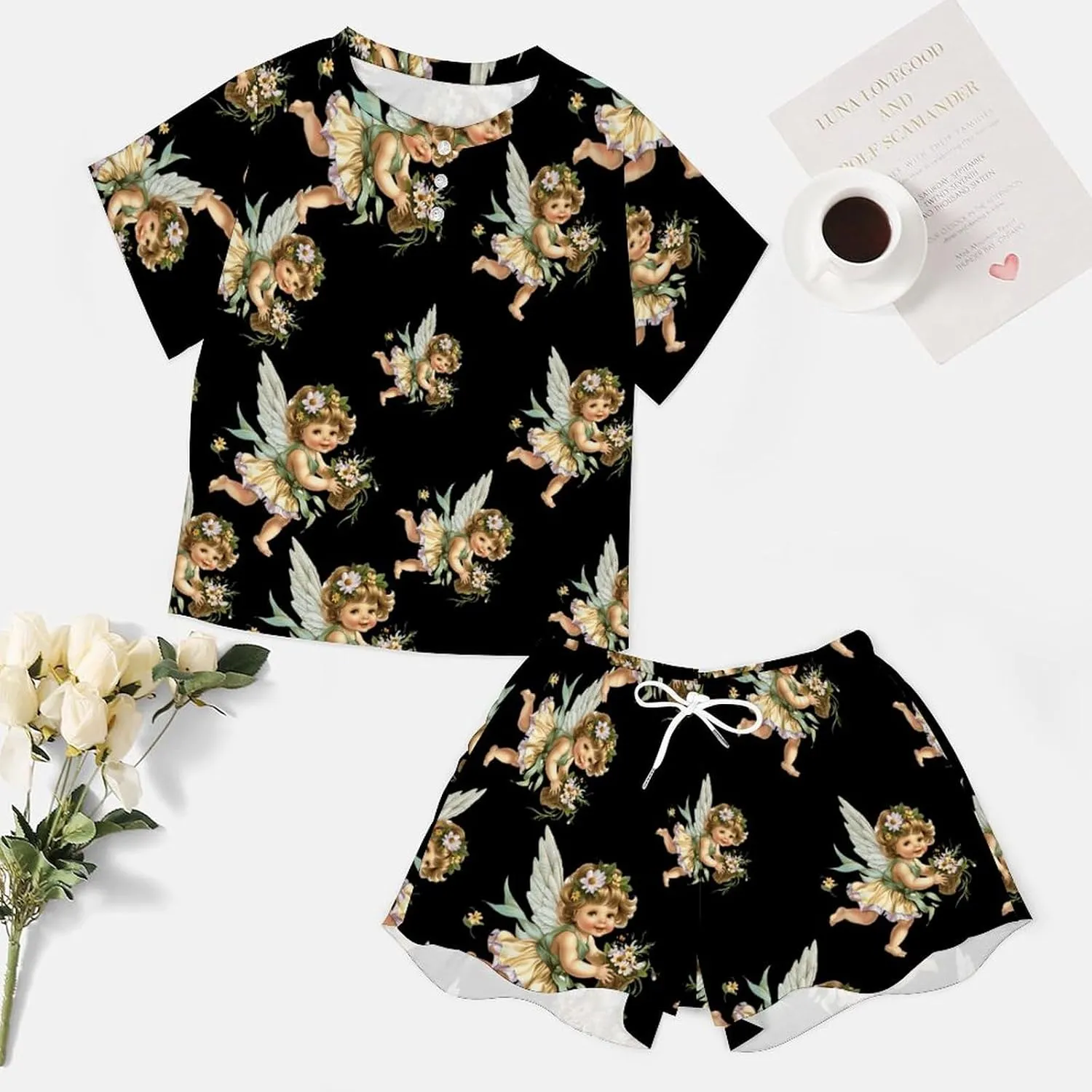 Angelic Cherub Charming Angels Women's Pajama Sets Short Sleeve Shirt And Shorts Cozy Sleepwear Loungewear Pjs