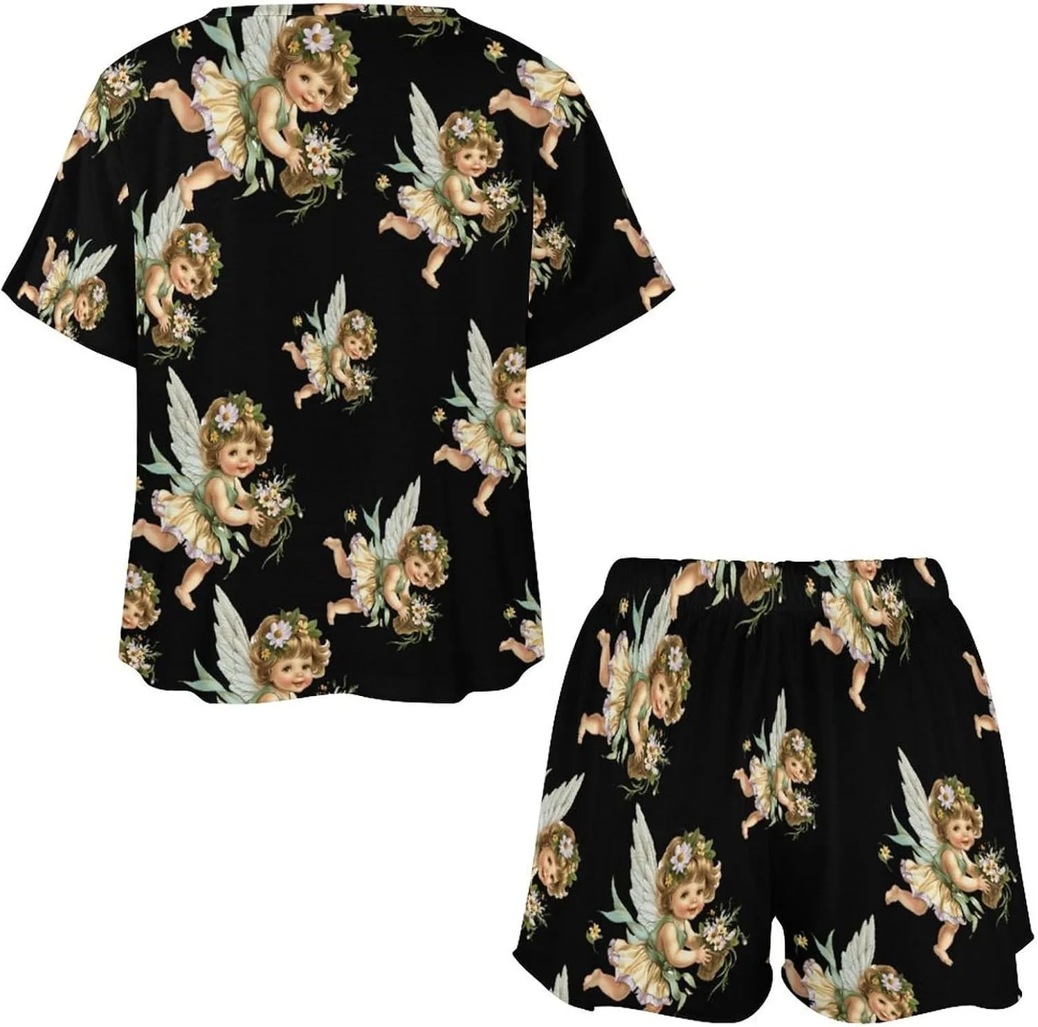 Angelic Cherub Charming Angels Women's Pajama Sets Short Sleeve Shirt And Shorts Cozy Sleepwear Loungewear Pjs