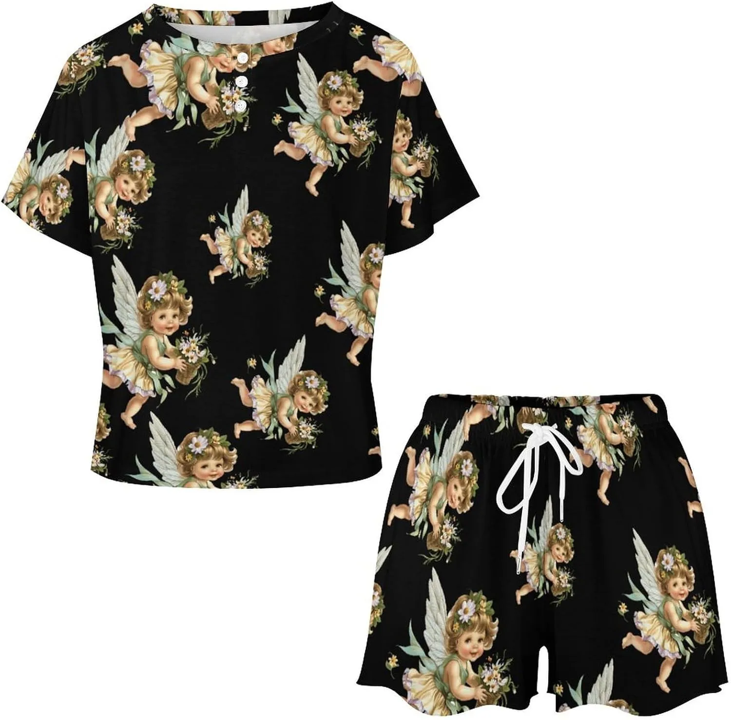 Angelic Cherub Charming Angels Women's Pajama Sets Short Sleeve Shirt And Shorts Cozy Sleepwear Loungewear Pjs