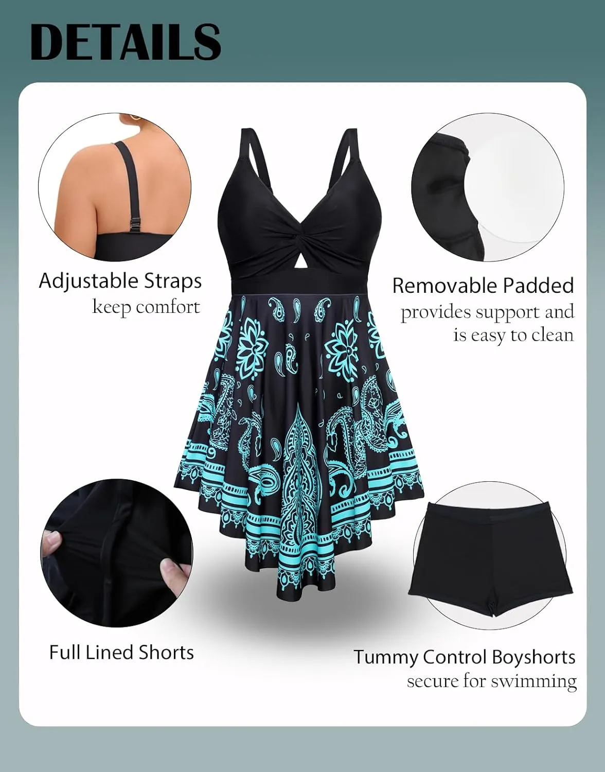 Arolina Plus Size Bathing Suit for Women Swim Dress Tummy Control Swimsuits Two Piece Flowy Tankini with Shorts