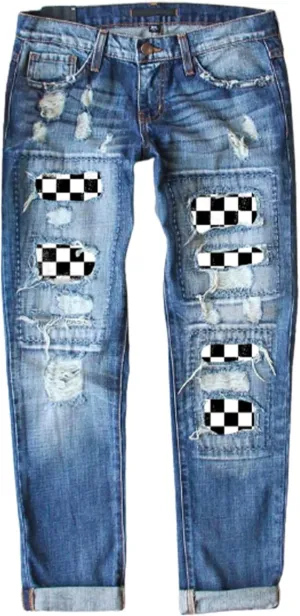 Astylish Womens Soccer Patchwork Destroyed Stretch Loose Boyfriend Jeans Classic Ripped Hole Denim Pants Blue X-Large