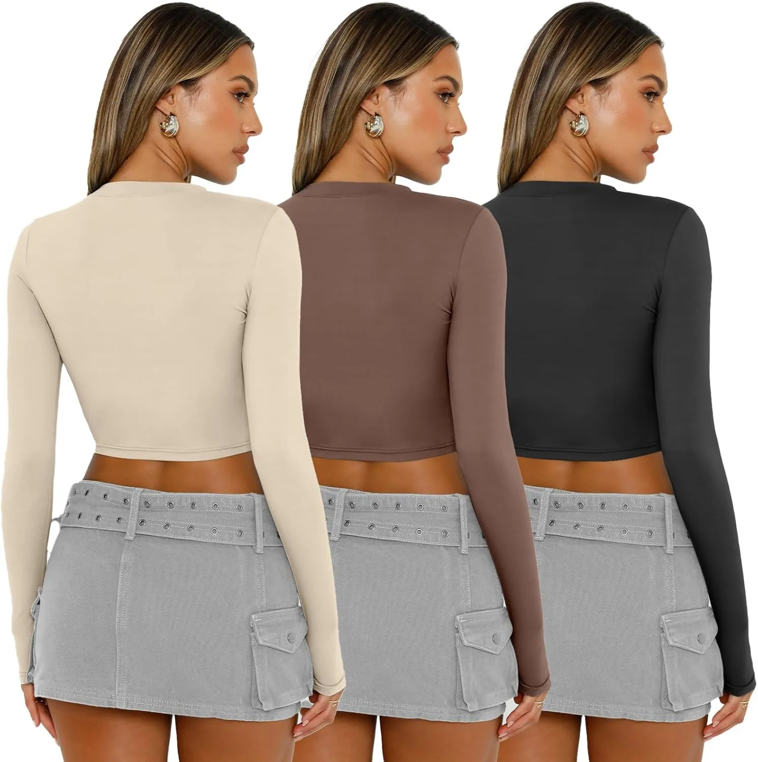 AUTOMET 3 Pack Womens Long Sleeve Shirts Y2K Going Out Crop Tops Cute Basic Slim Fitted Fall Fashion Outfits 2025 Clothes