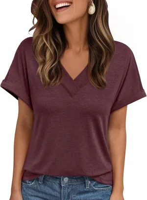 AUTOMET Womens Tops Short Sleeve T Shirt Summer V Neck Casual Top 2025 Spring Cute Basic Trendy Outfits Fashion