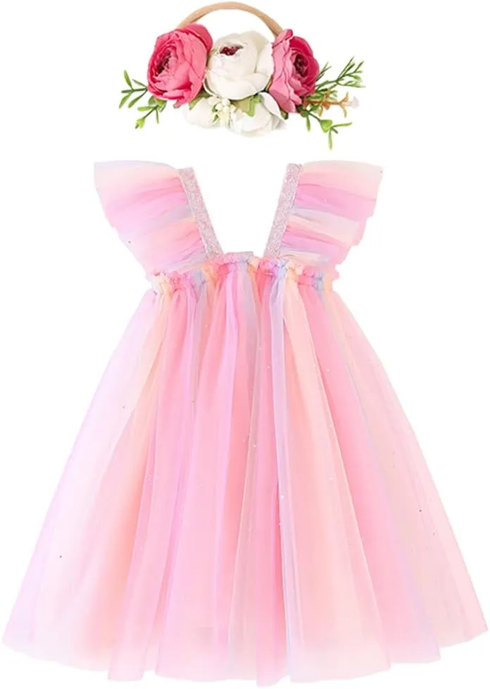 Baby Girls Tulle Tutu Sleeveless Backless Dress with Flower Headband Birthday Party Princess Summer Beach Sundress Skirt Set