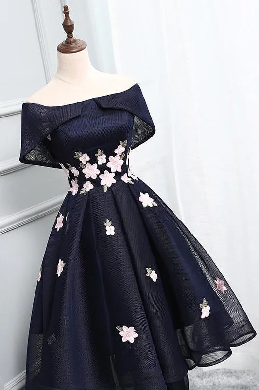 Ball Gown Off the Shoulder Appliqued Homecoming Dresses,Chic Asymmetrical Short Prom Dress OK423