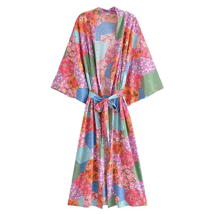 Boho Beach Print Belt Robe Long Cardigan Outerwear
