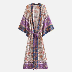 Boho Beach Print Belt Robe Long Cardigan Outerwear