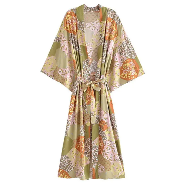Boho Beach Print Belt Robe Long Cardigan Outerwear