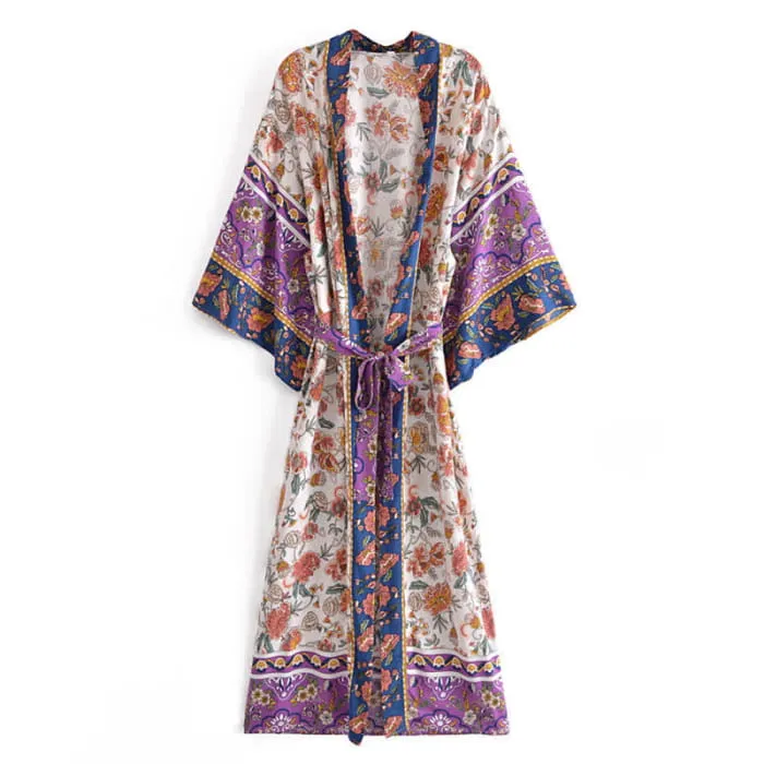 Boho Beach Print Belt Robe Long Cardigan Outerwear
