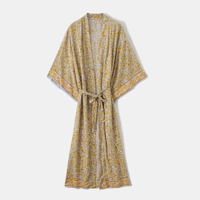 Boho Floral Print Belt Robe Long Cardigan Outerwear