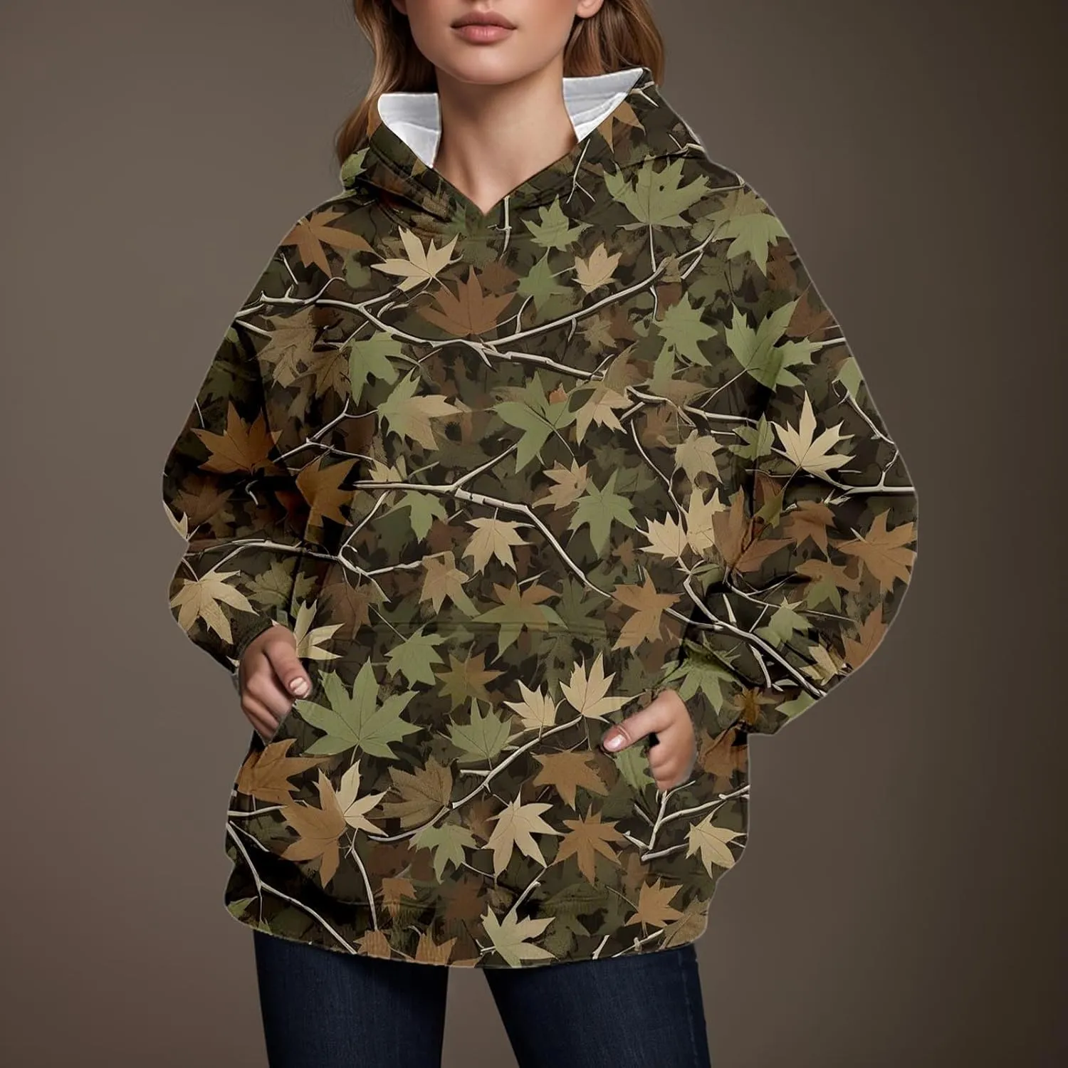 Camo Hoodie Womens Maple Leaf Graphic Fleece Hooded Sweatshirt Oversized Hoodies For Women Trendy Cute Leopard Print Tops