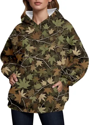 Camo Hoodie Womens Maple Leaf Graphic Fleece Hooded Sweatshirt Oversized Hoodies For Women Trendy Cute Leopard Print Tops