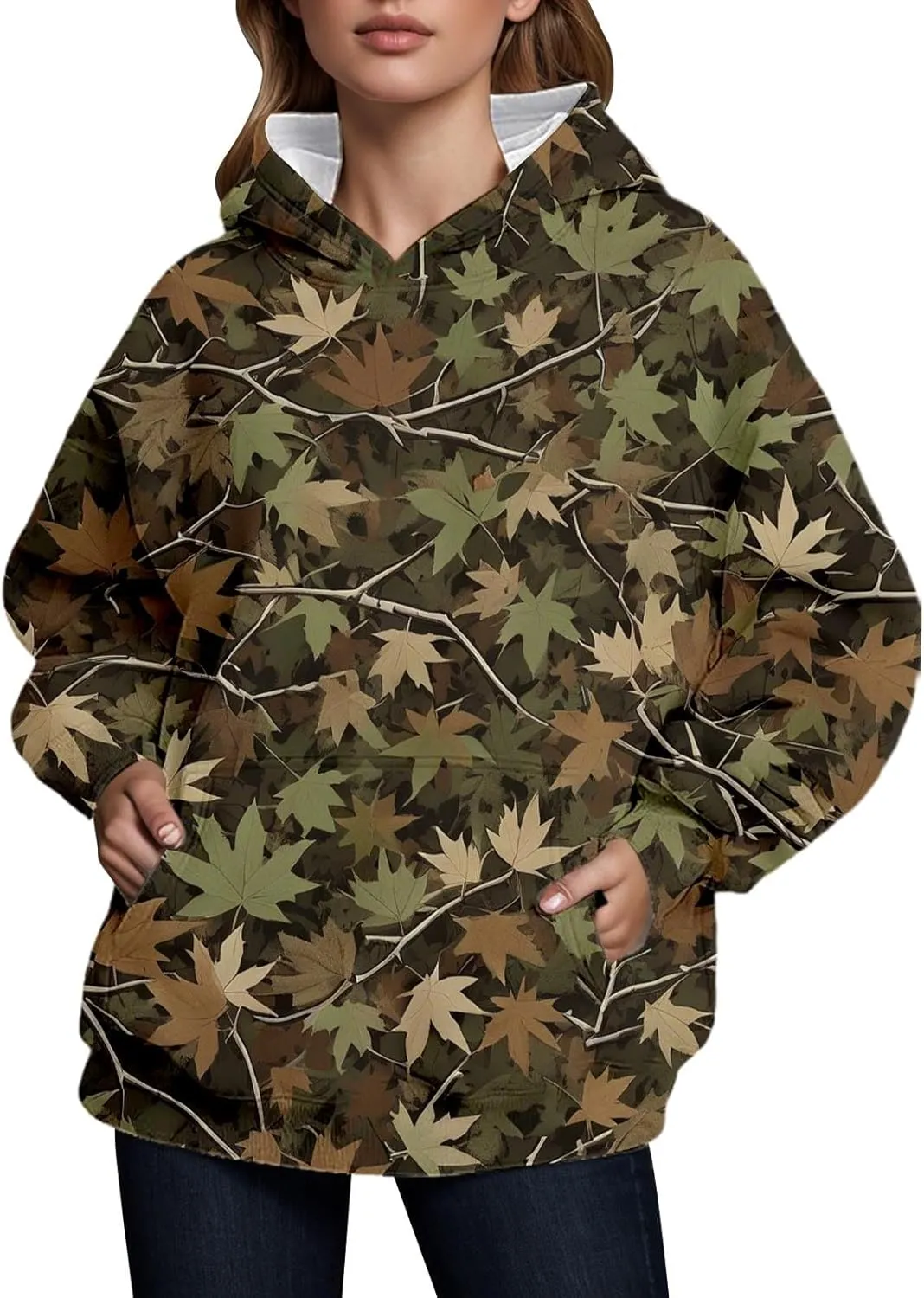 Camo Hoodie Womens Maple Leaf Graphic Fleece Hooded Sweatshirt Oversized Hoodies For Women Trendy Cute Leopard Print Tops