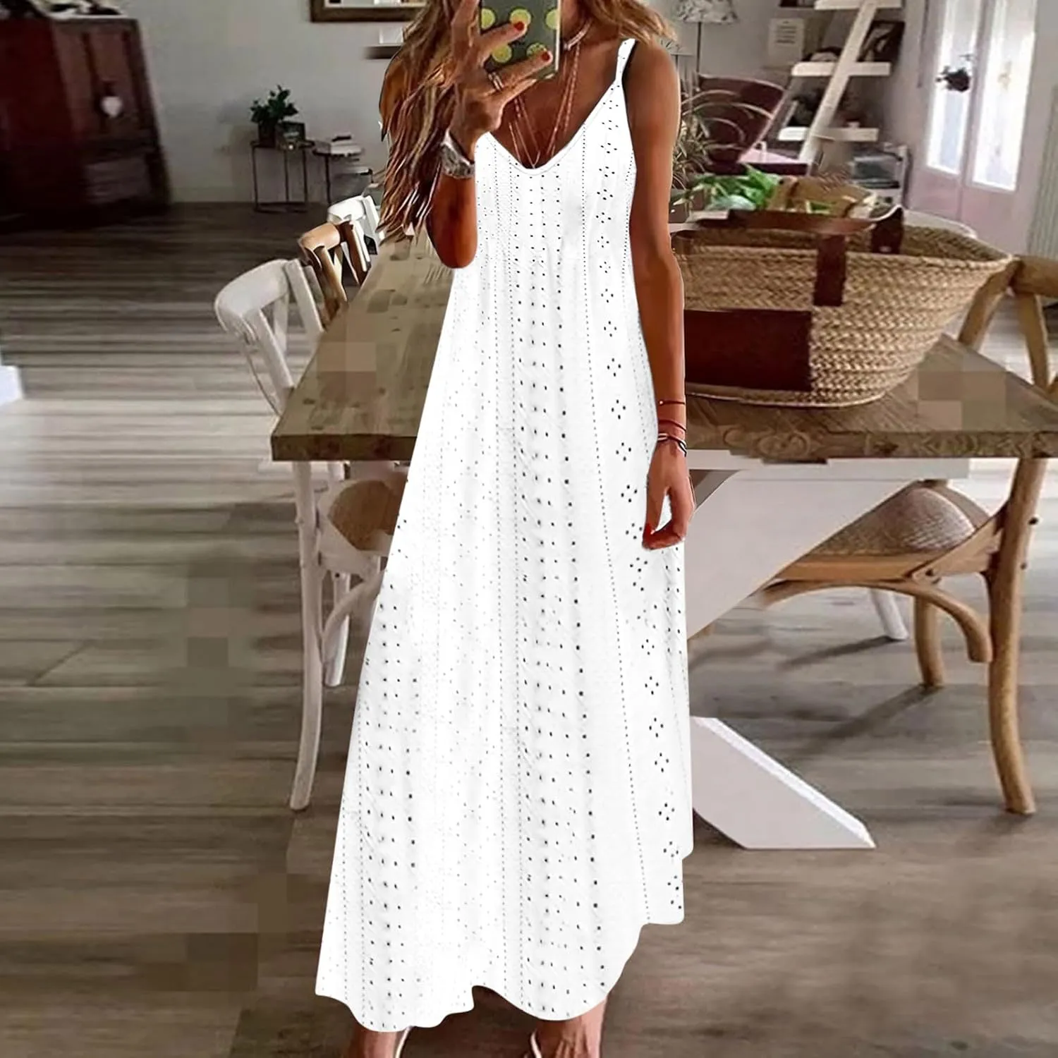 Ceboyel Womens Spaghetti Strap Eyelet Maxi Dress Summer Casual Vacation Dresses Boho Beach Sundresses Bohemian Outfits 2024