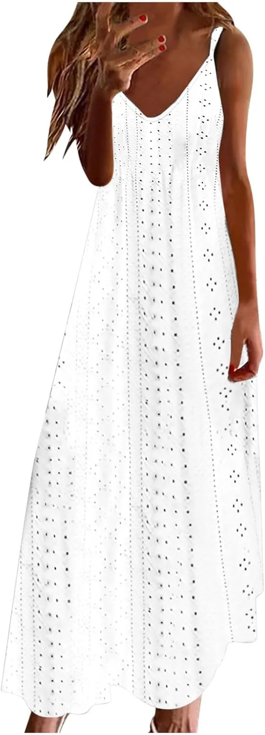 Ceboyel Womens Spaghetti Strap Eyelet Maxi Dress Summer Casual Vacation Dresses Boho Beach Sundresses Bohemian Outfits 2024