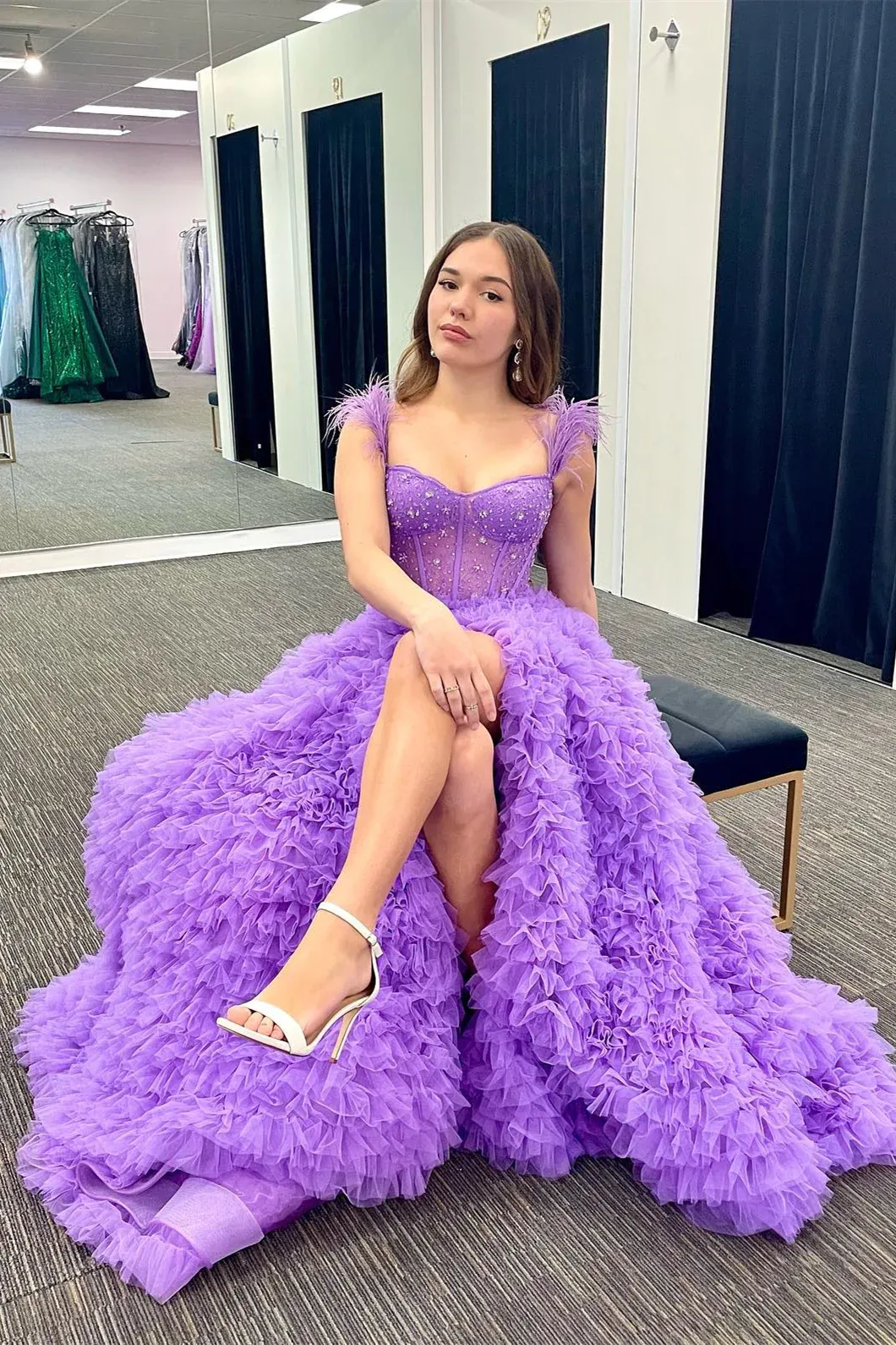 Chic A-line Off-the-shoulder Beaded Long Prom Dresses Feather Long Evening Dress Formal Dresses TKP001