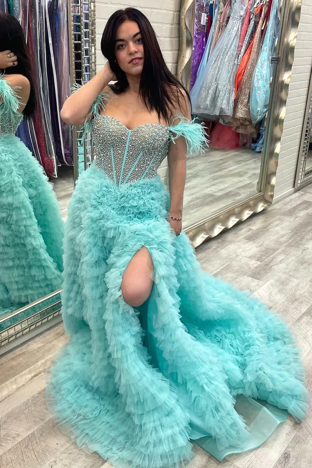Chic A-line Off-the-shoulder Beaded Long Prom Dresses Feather Long Evening Dress Formal Dresses TKP001