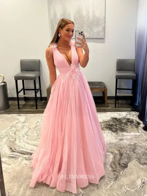 Chic A-line V neck Pink Long Prom Dresses Tulle Simple Evening Dresses Pageant Dress TKL065