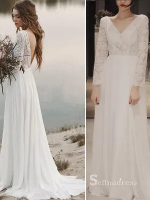 Chic A-line V neck White Lace Wedding Dress Long Sleeve Rustic Bridal Gowns MLH0492