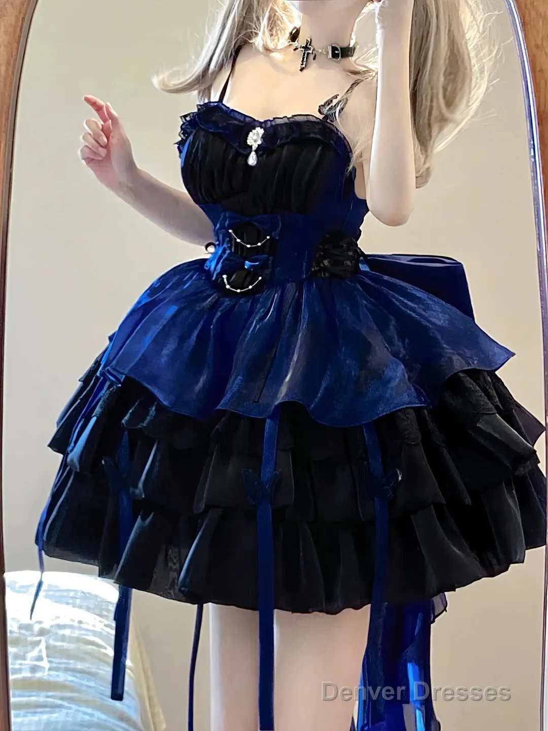 Chic Ball Gown Straps Royal Blue Organza Short Lolita Dresses Party Dress Birthday Outfits