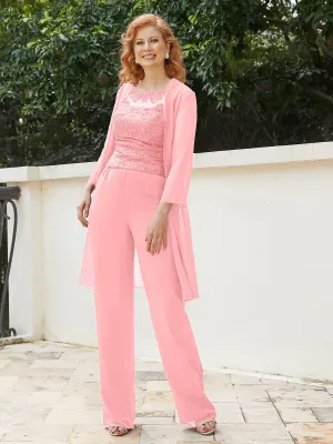 Chic Lace Top Pant Suit with Jacket Flamingo