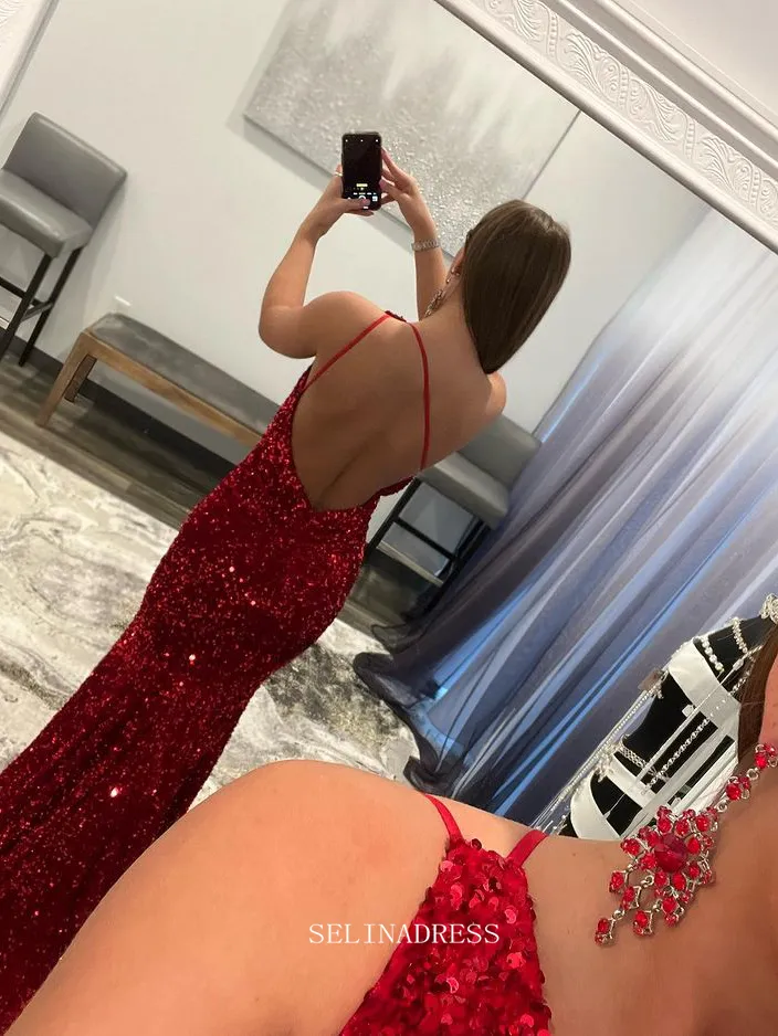 Chic One Shoulder Burgundy Long Prom Dresses Sequins Mermaid Evening Dresses Pageant Dress TKL068