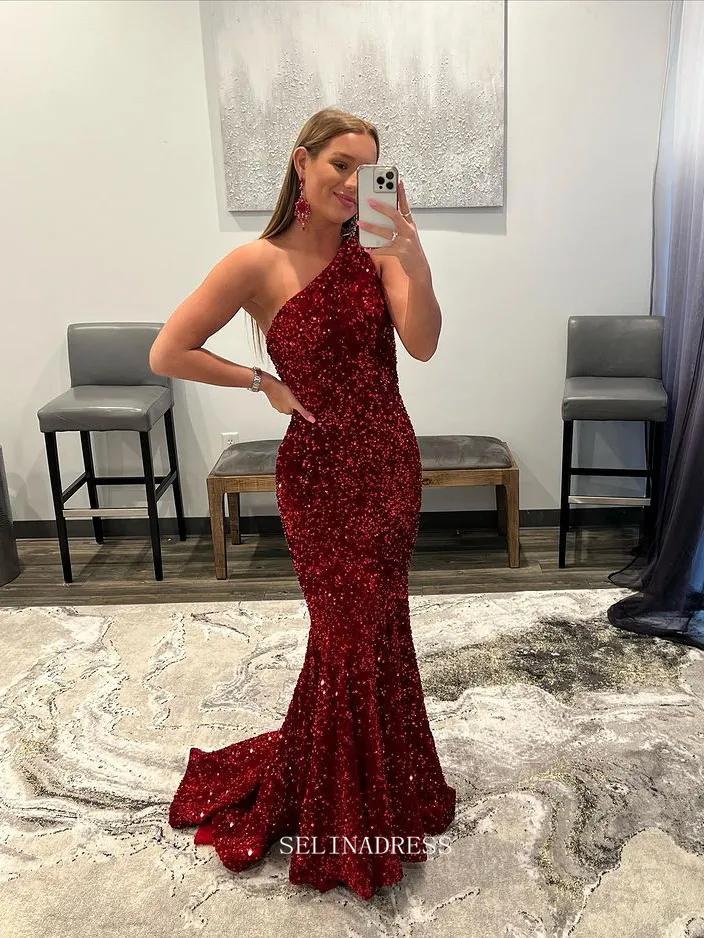 Chic One Shoulder Burgundy Long Prom Dresses Sequins Mermaid Evening Dresses Pageant Dress TKL068