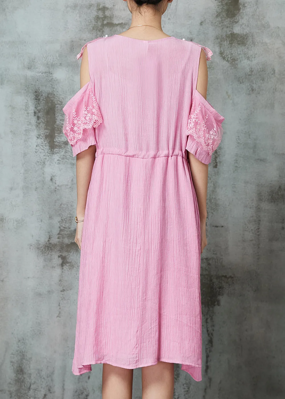 Chic Pink Cold Shoulder Patchwork Chiffon Holiday Dress Summer