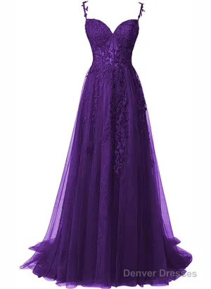 Chic Purple Sweetheart Straps Long Tulle Party Dress, Purple Long Evening Dress