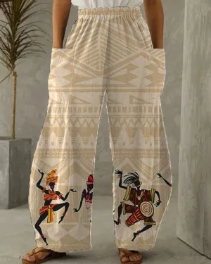 Contrast color fashionable geometric ethnic print casual pocket trousers