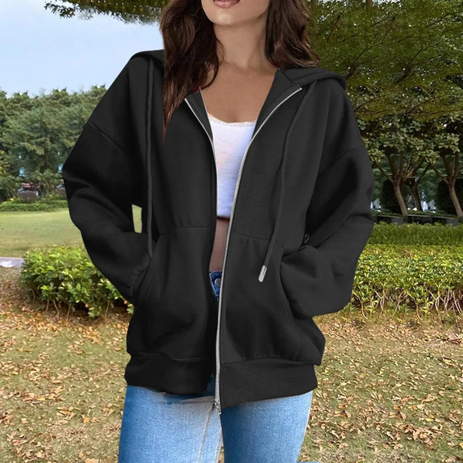 COTECRAM Women Zip Up Y2K Hoodie Fall Oversized Sweatshirts Casual Long Sleeve Drawstring Hooded Jacket 2024 Clothes