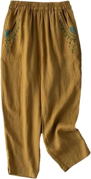 Cotton Linen Embroidered Radish Pants Female High Waist Loose Casual Nine-Point Harem Pants