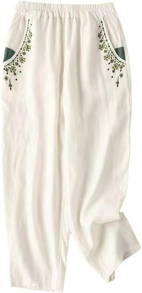 Cotton Linen Embroidered Radish Pants Female High Waist Loose Casual Nine-Point Harem Pants
