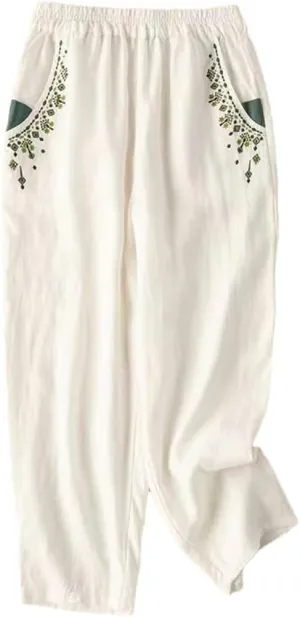 Cotton Linen Embroidered Radish Pants Female High Waist Loose Casual Nine-Point Harem Pants