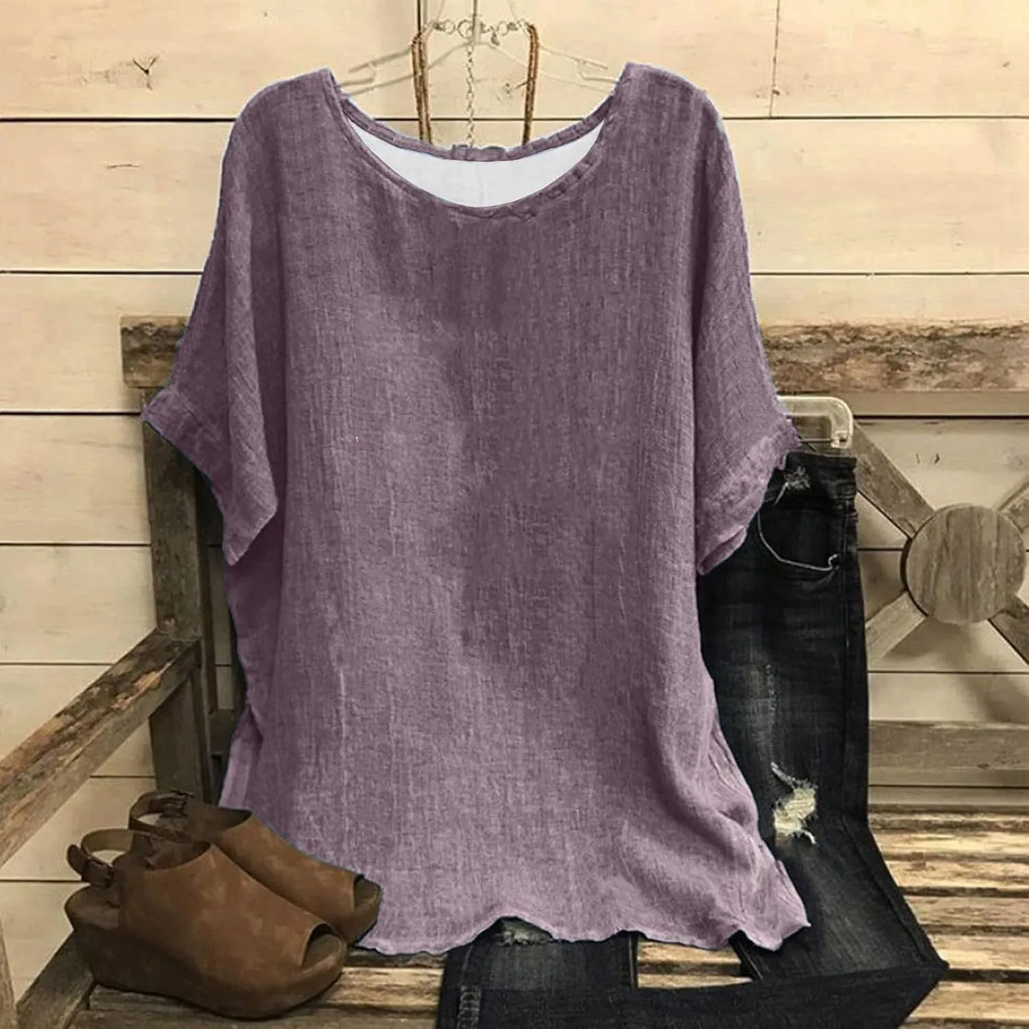 Cotton Linen Tops for Womens Loose Fit Casual Short Sleeve T-Shirt Retro Floral Print Blouse 2025 Summer Beach Clothes