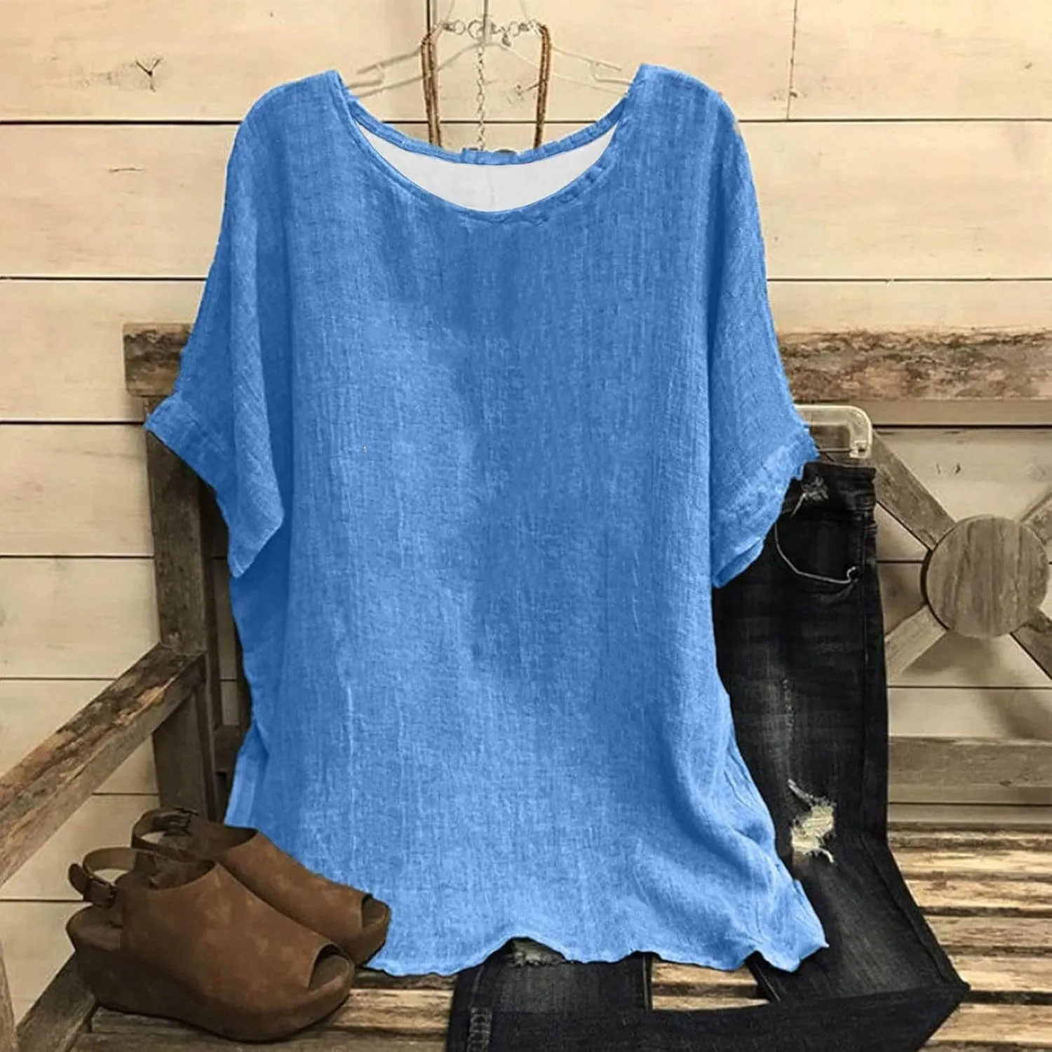 Cotton Linen Tops for Womens Loose Fit Casual Short Sleeve T-Shirt Retro Floral Print Blouse 2025 Summer Beach Clothes