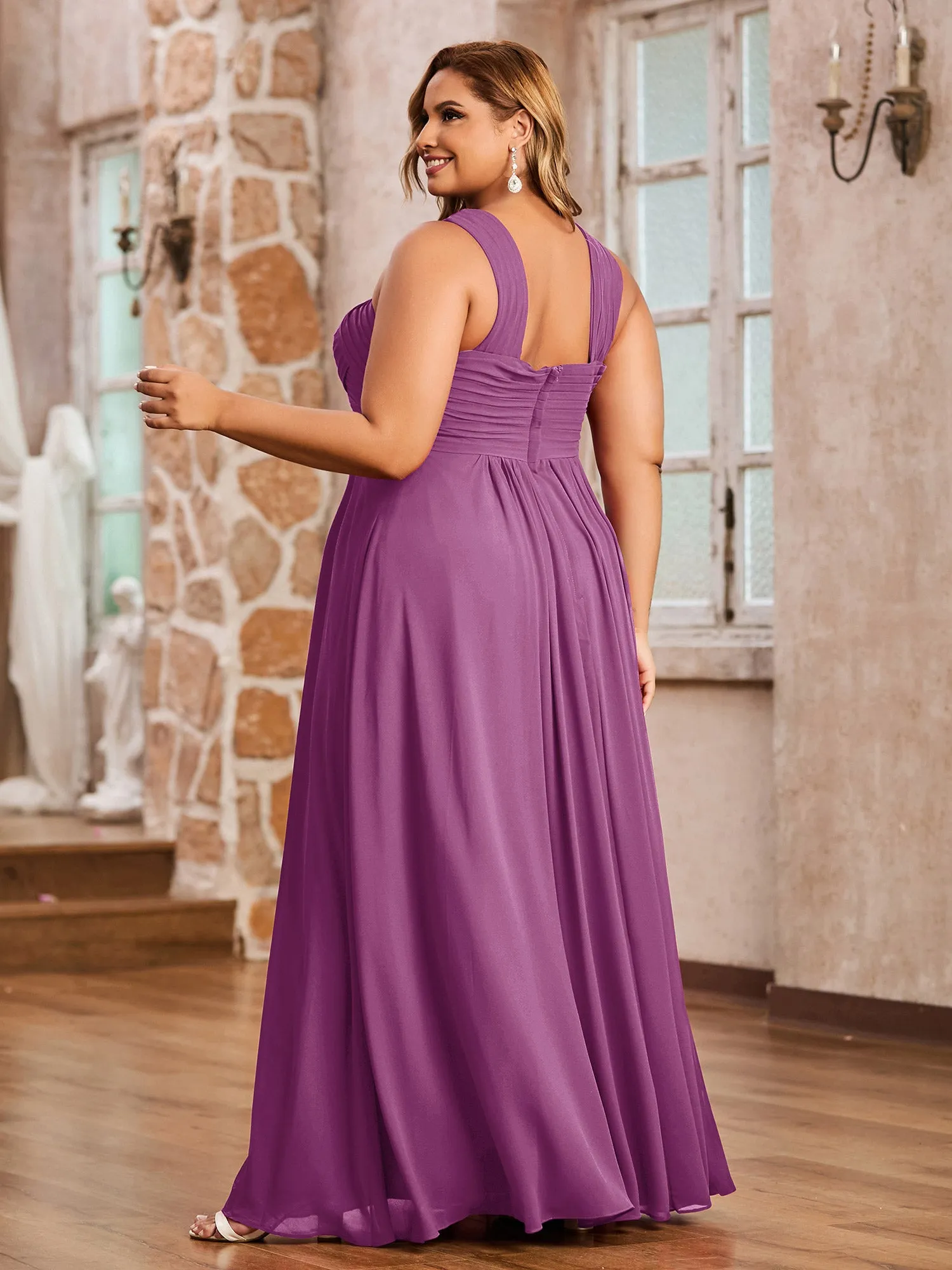 Cross Shoulder Strap Chiffon Dress with Empire Waist Orchid Plus Size