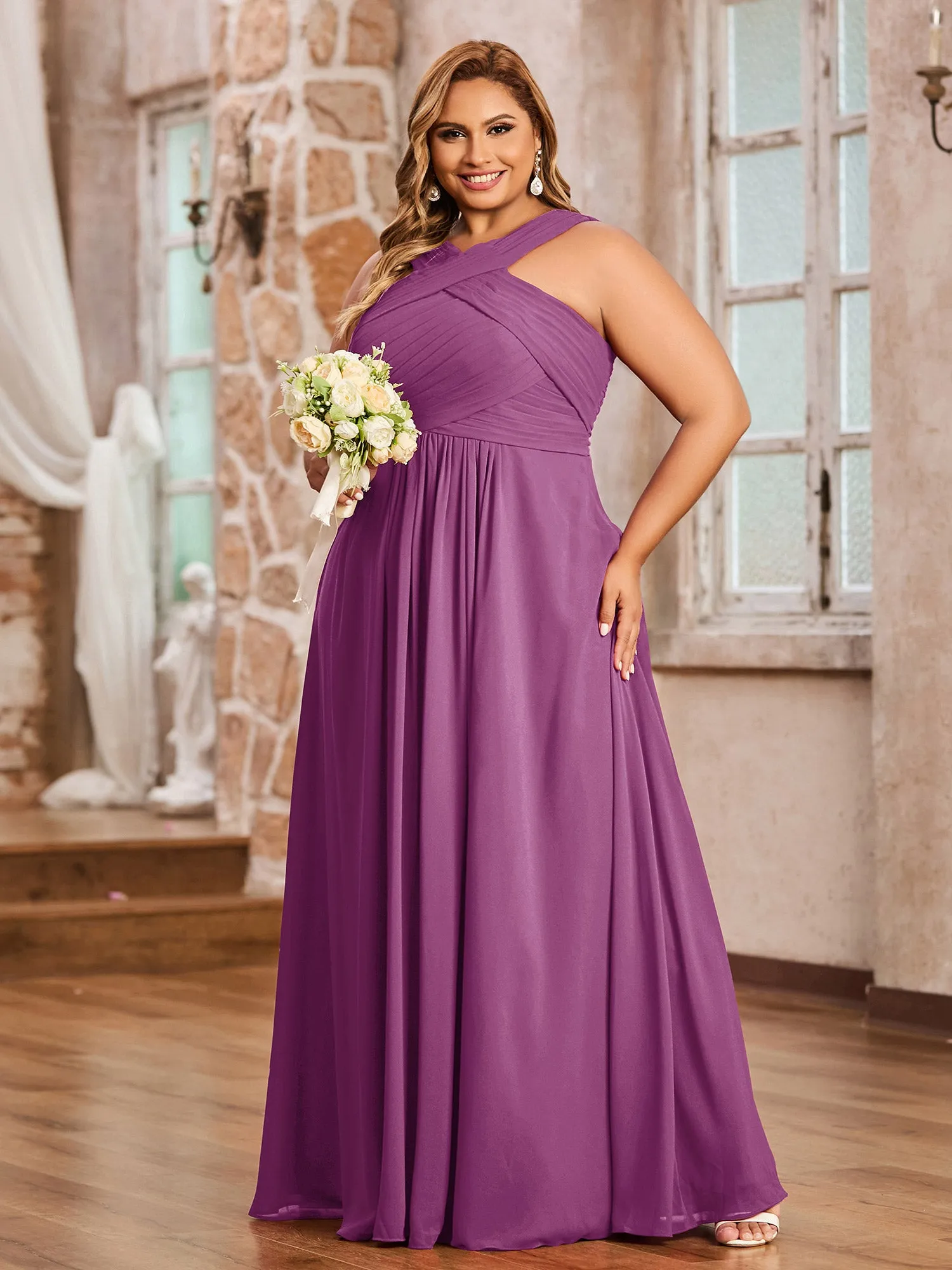 Cross Shoulder Strap Chiffon Dress with Empire Waist Orchid Plus Size