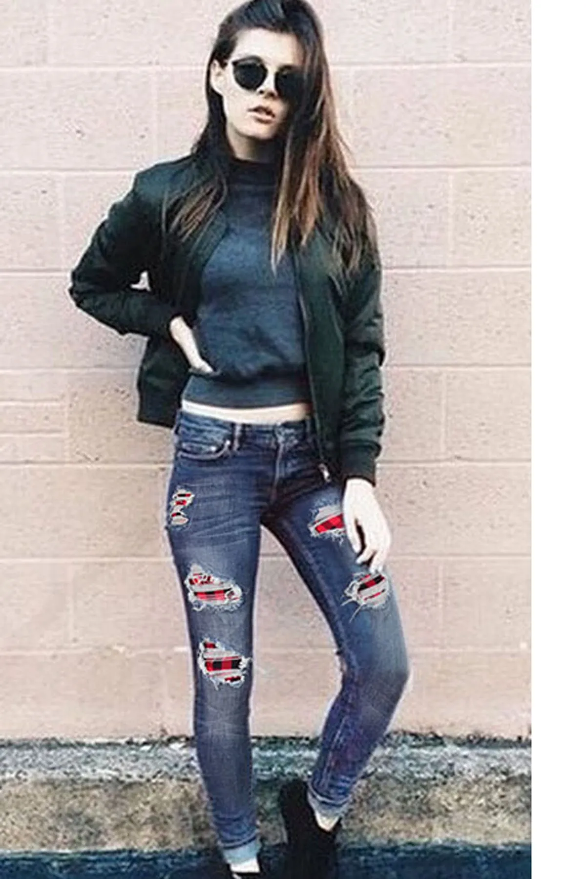 Cut Out Patchwork Holes Long Pencil Skinny Jeans